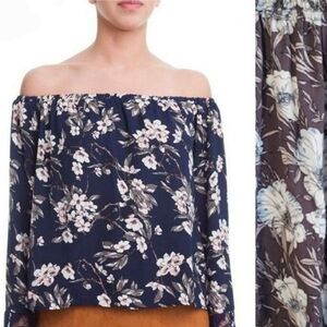Nordstrom One Clothing Off The Shoulder Gray Blue Floral Flutter Tie Sleeve Top